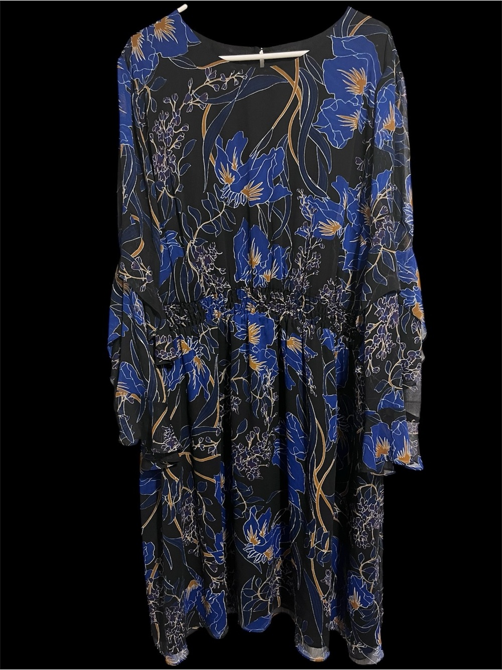 Black Floral Long-Sleeve Midi Dress with Blue Print 
Size 3X